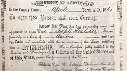 Listina občanství USA J.L.Lesikar 30.4.1860