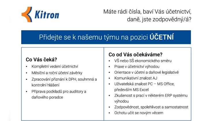 Inzerce: Přidejte se k týmu Kitron na pozici ÚČETNÍ
