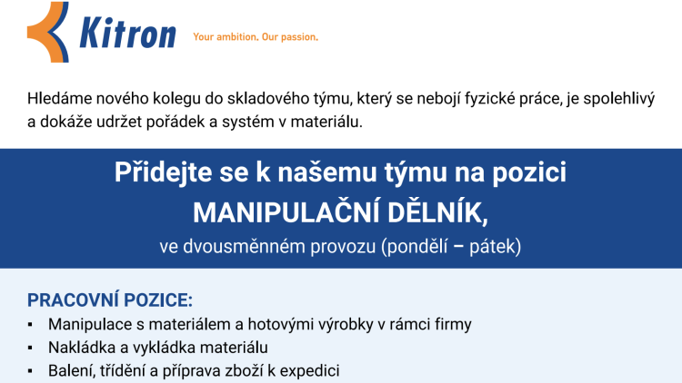 Inzerce: Přidejte se k týmu Kitron na pozici manipulační dělník